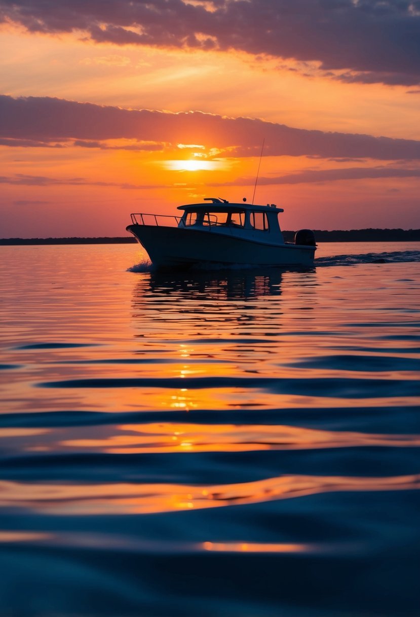 A serene boat glides on calm waters, silhouetted against a vibrant sunset with warm hues reflecting off the rippling surface