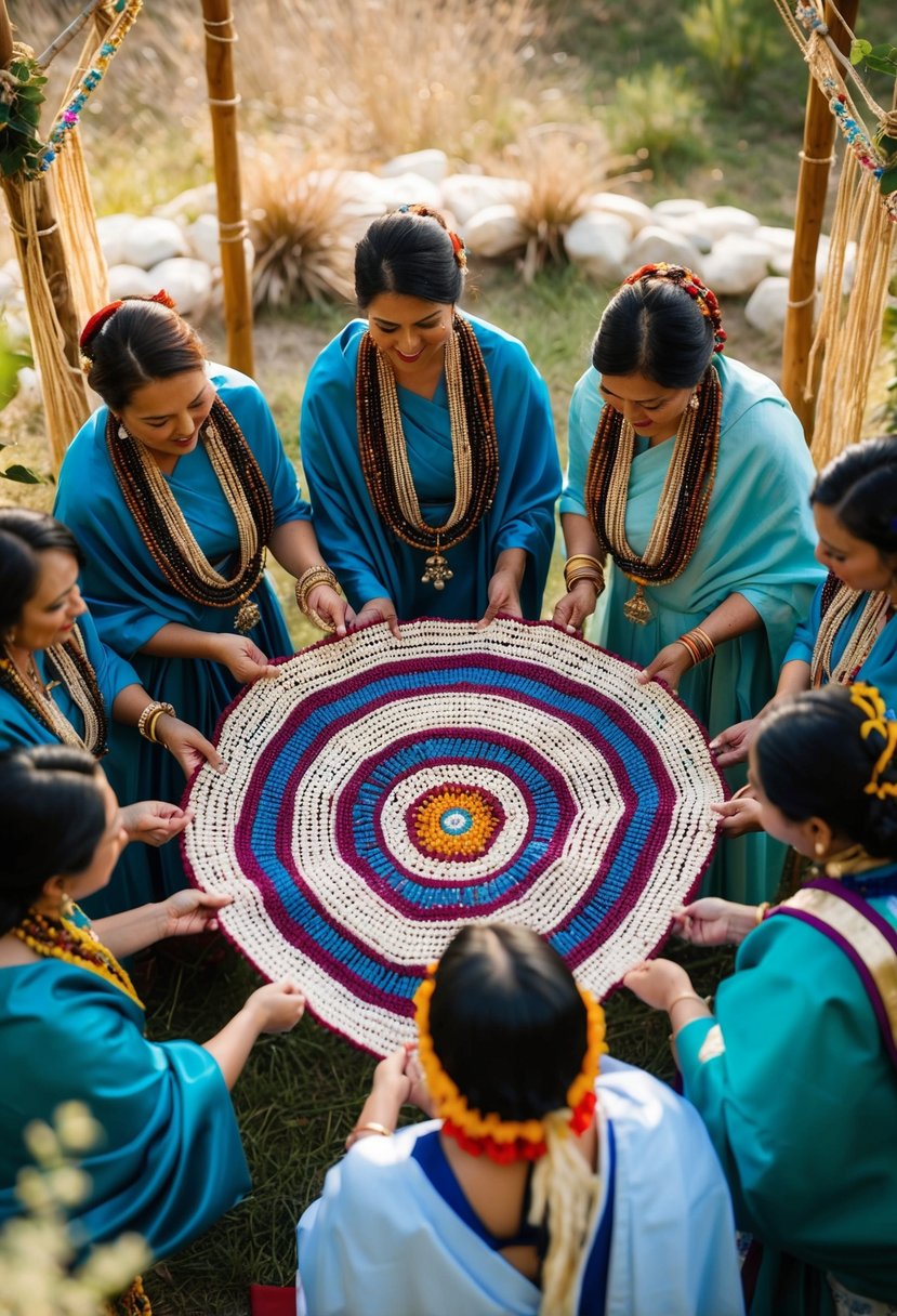 A circle of women pass down a beaded wedding shawl, surrounded by traditional symbols and natural elements