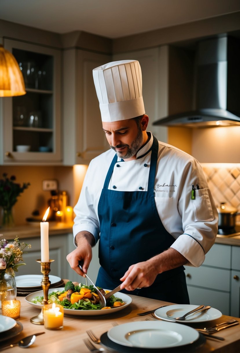 A private chef prepares a romantic anniversary dinner in a cozy home kitchen, complete with candlelit ambiance and elegant table setting