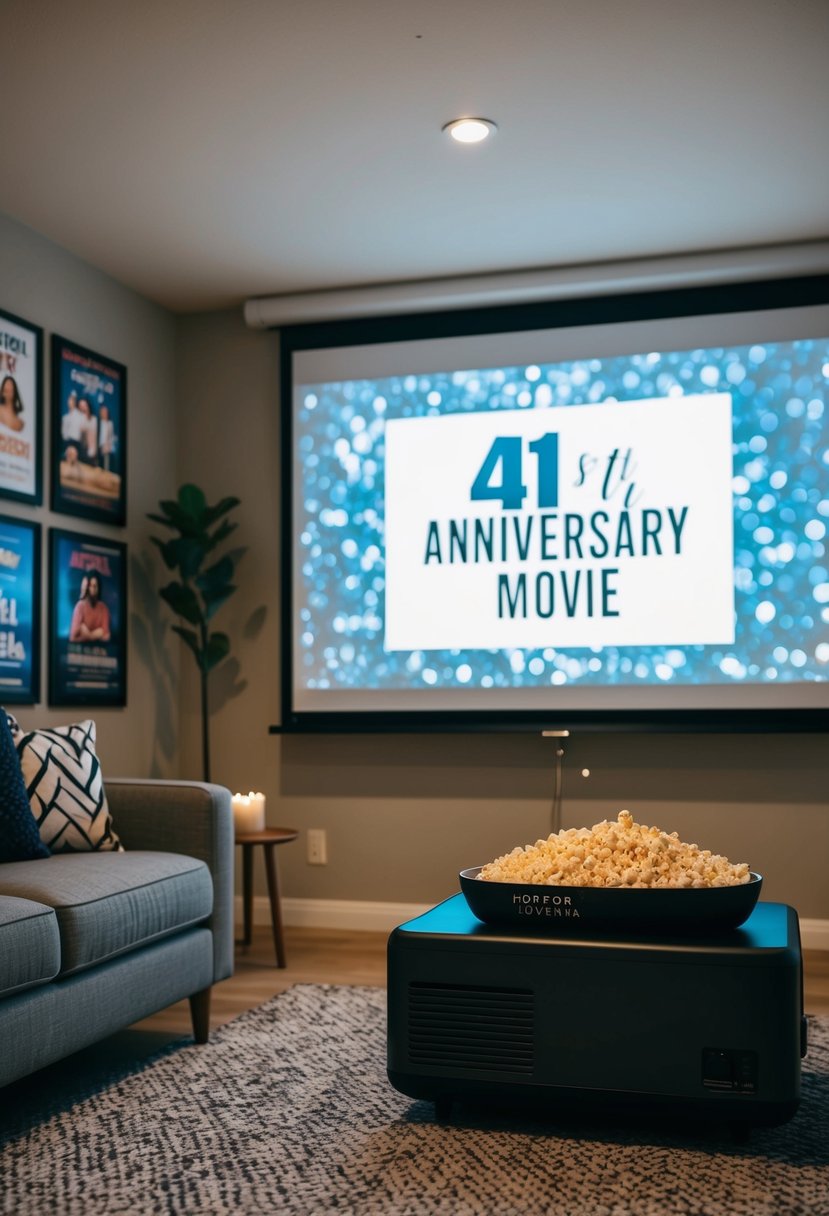 A cozy living room with a projector screen, popcorn, and movie posters for a 41st wedding anniversary movie night theme