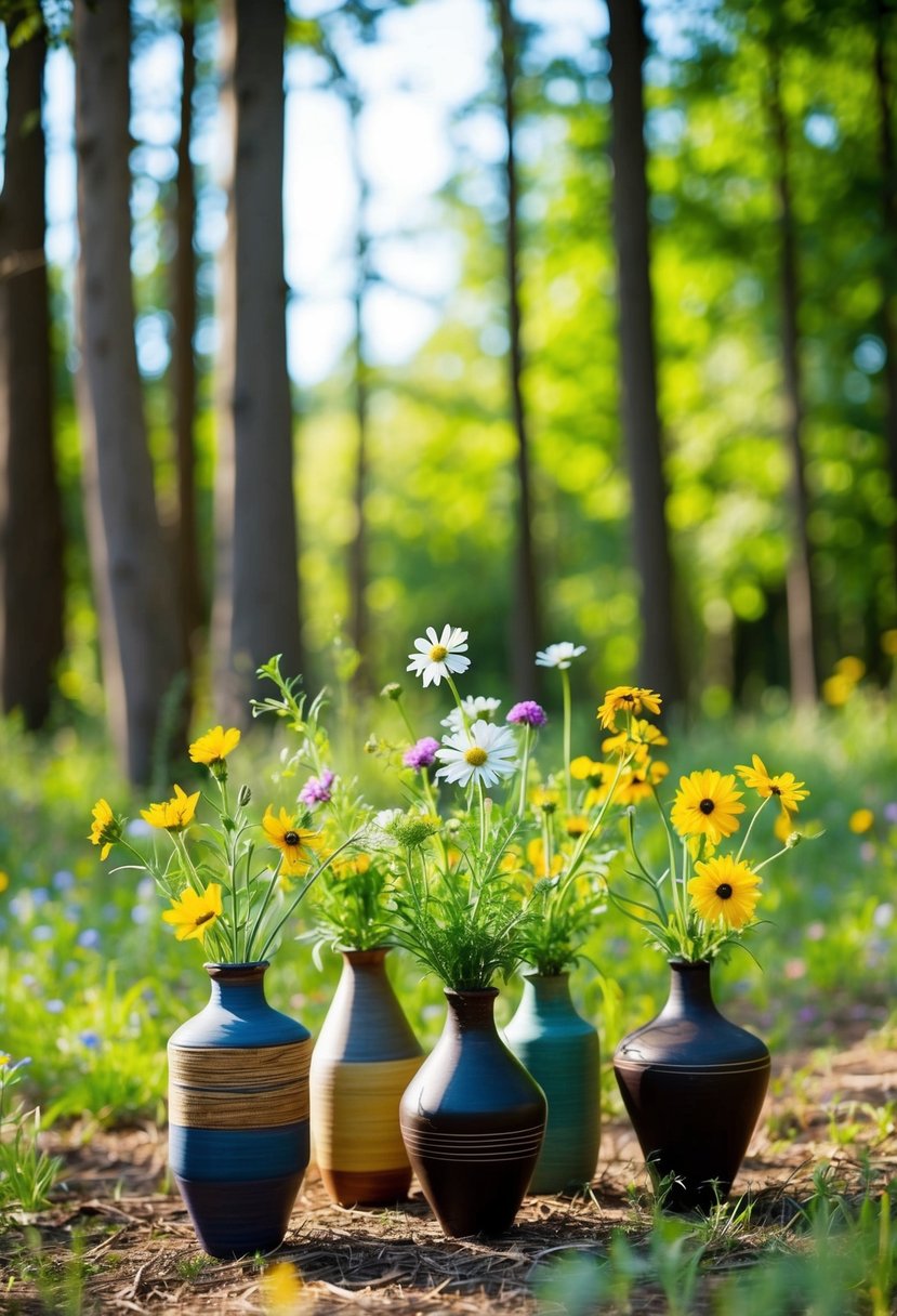 A woodland clearing with wildflowers in handmade vases, surrounded by trees and dappled sunlight