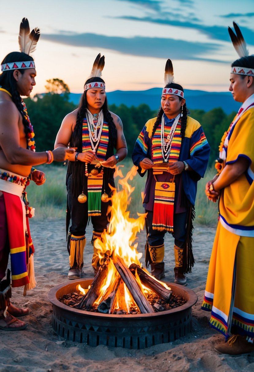 A traditional Native American wedding ceremony around a sacred fire, with colorful ceremonial attire, feathers, and symbolic objects