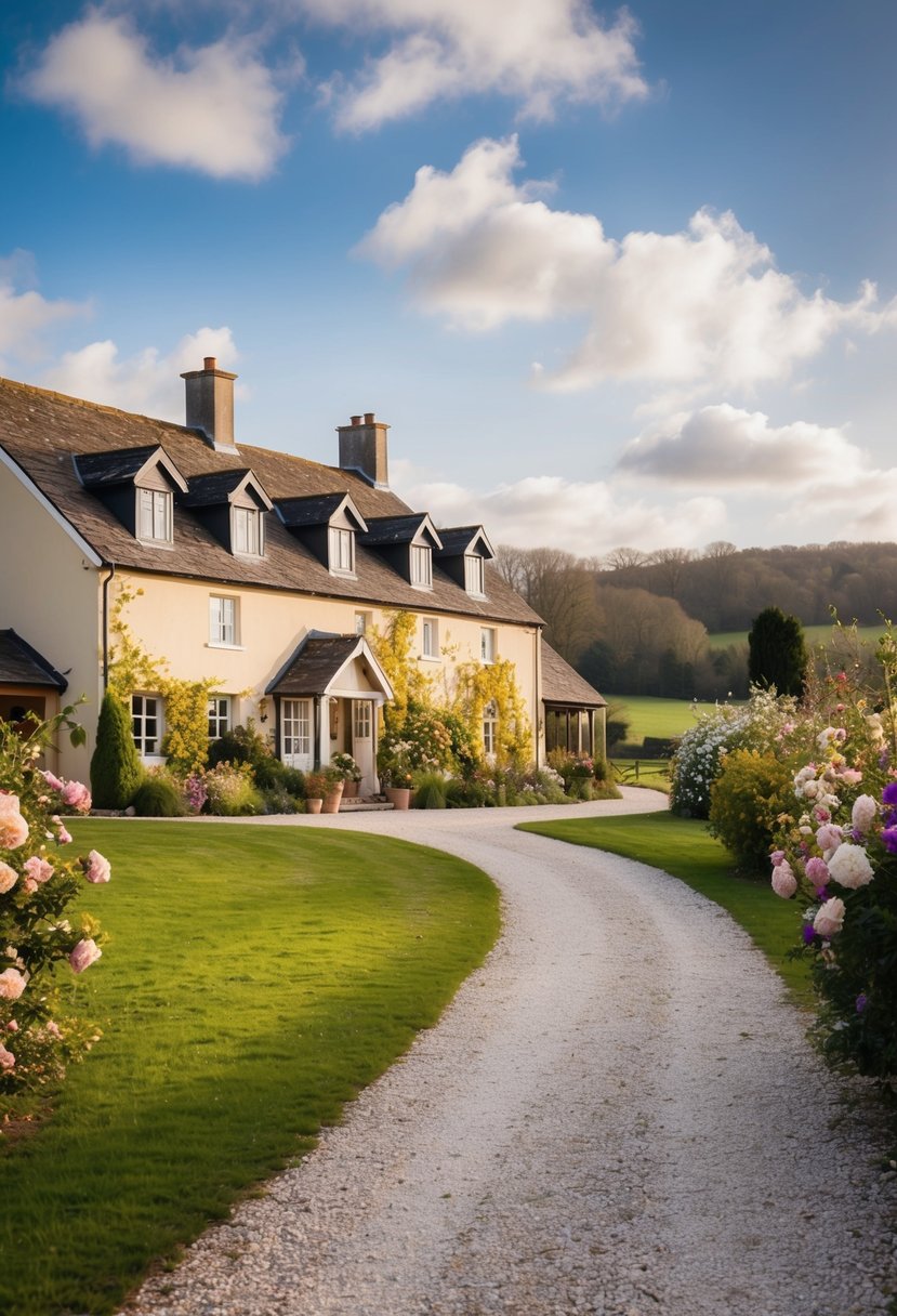 A cozy bed and breakfast nestled in the countryside, surrounded by blooming flowers and a winding path leading to the front entrance