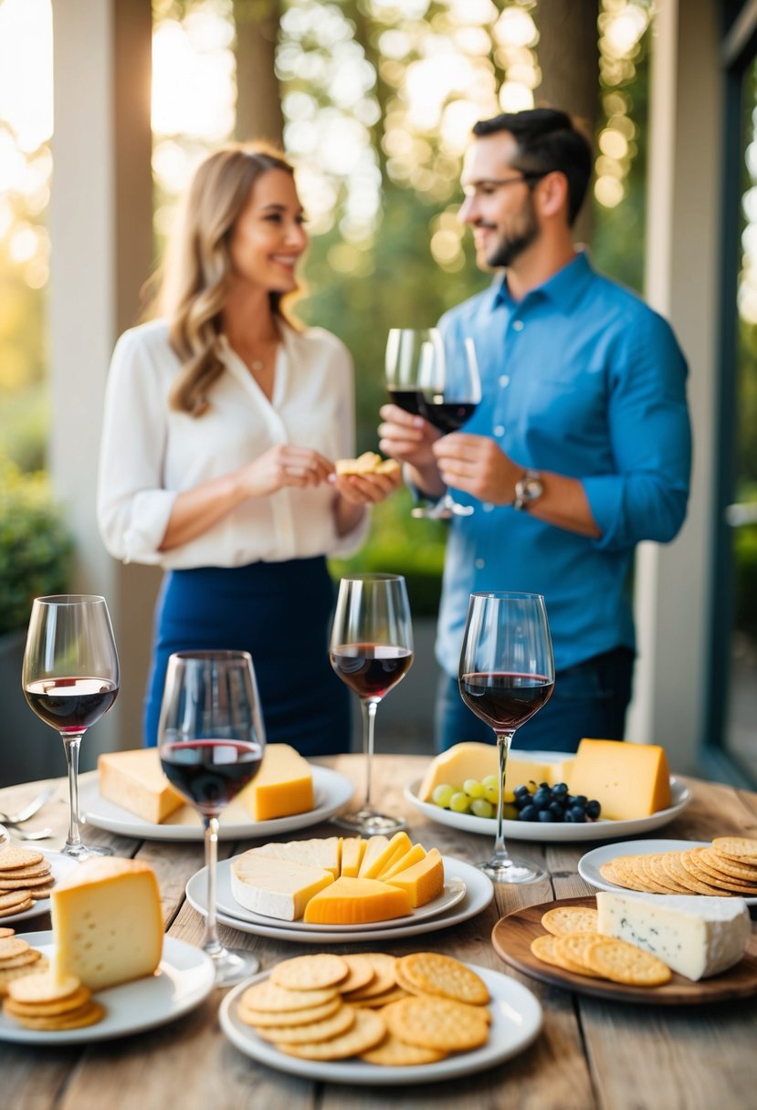 A table set with various cheeses, crackers, and wine glasses. A couple stands nearby, chatting and sampling the offerings