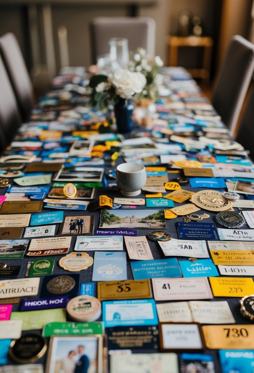 A table covered in a variety of photos, tickets, and trinkets from different locations, representing 41 years of marriage