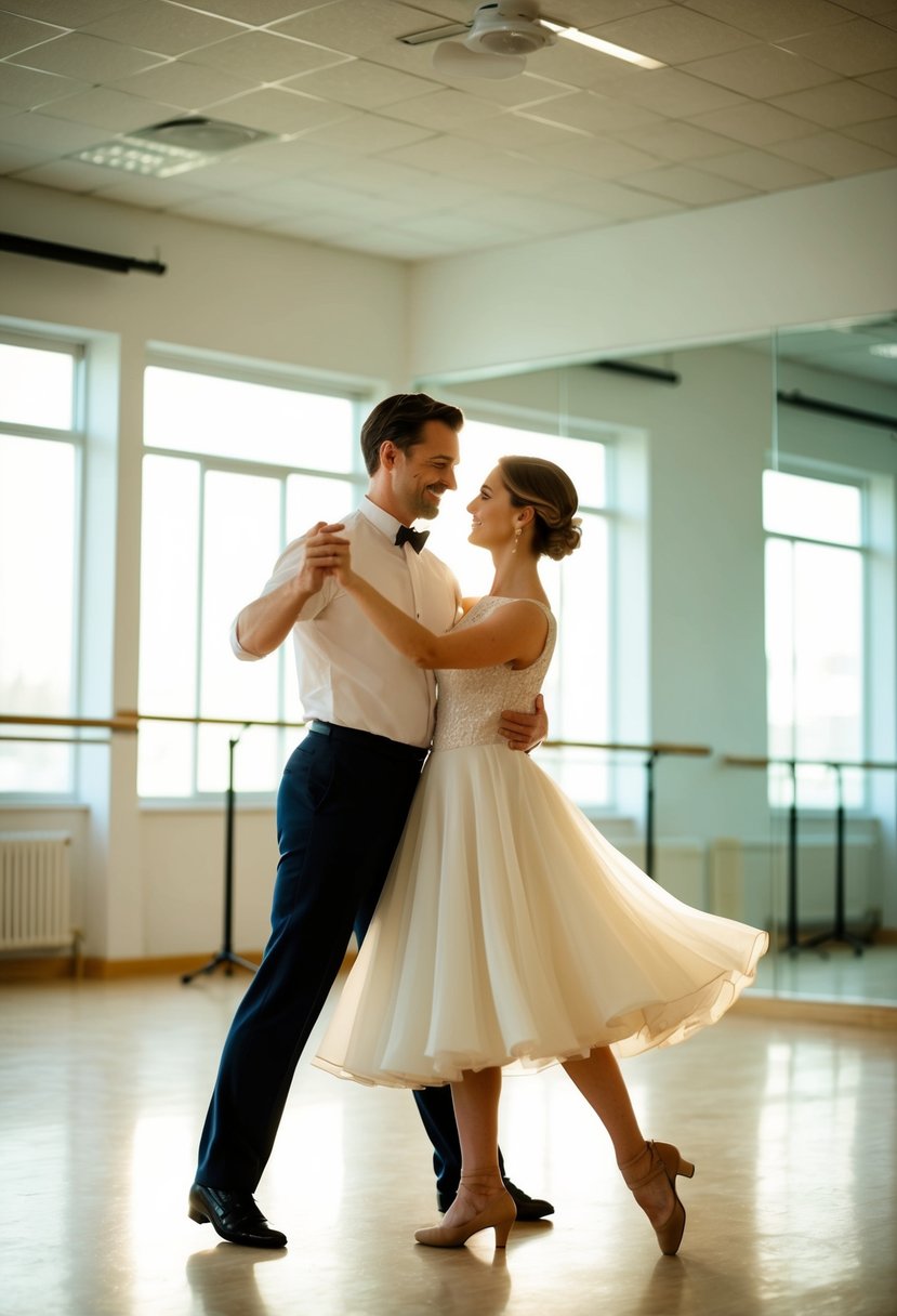 A couple gracefully waltzing in a spacious, sunlit dance studio, surrounded by mirrors and soft music