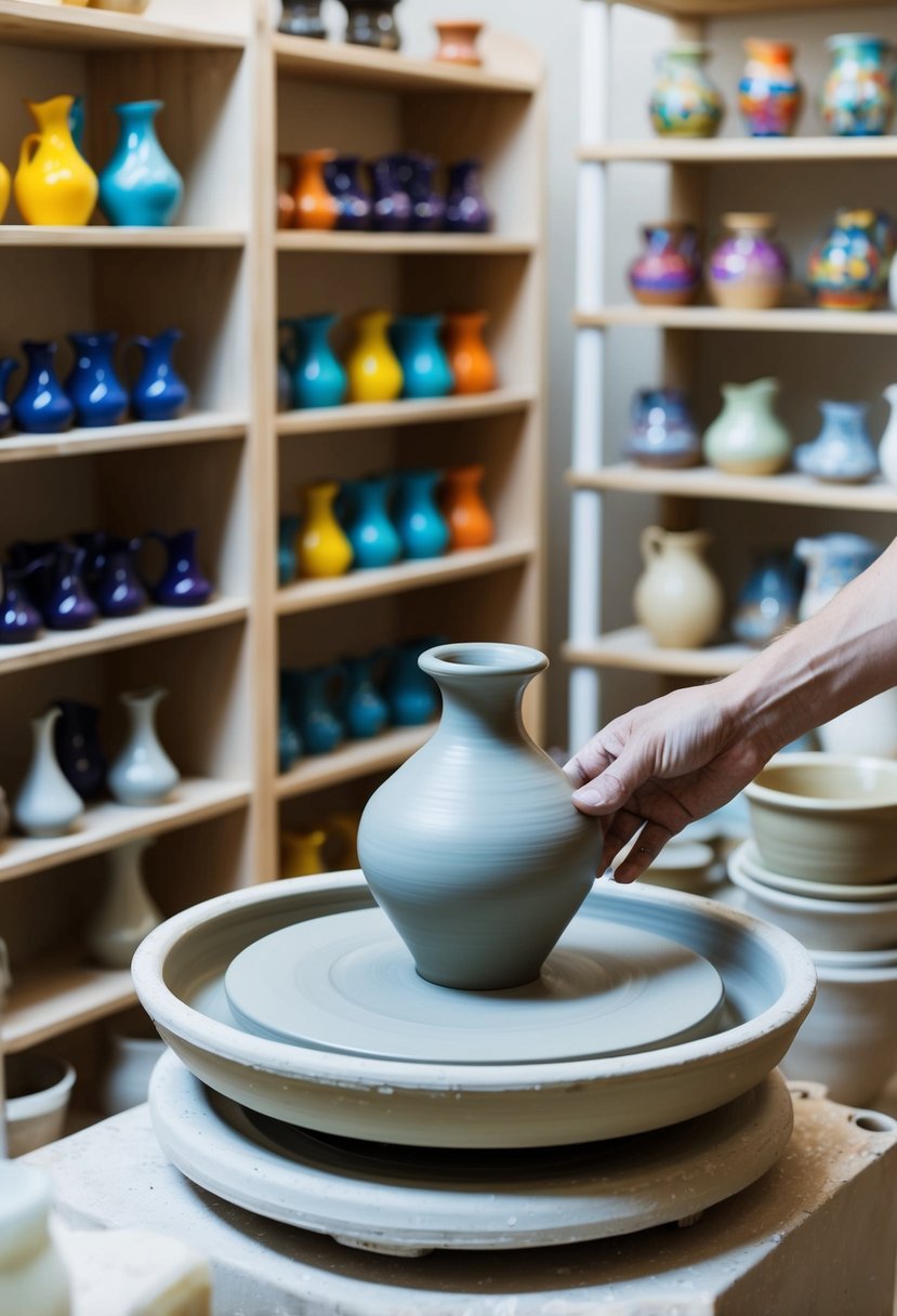 A pottery wheel spins as clay is shaped into a vase, surrounded by shelves of colorful glazes and finished pieces