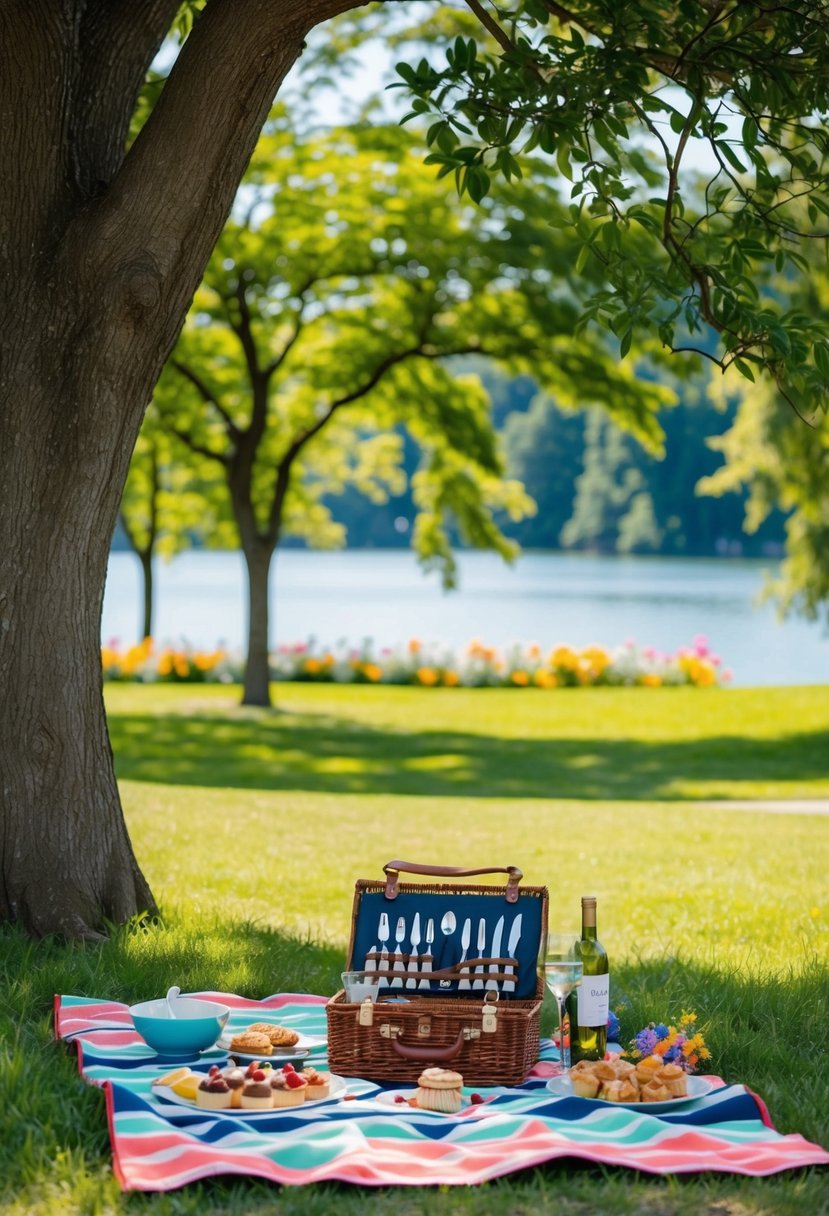 A picnic blanket spread with gourmet treats under a shady tree in a lush park, with a view of a serene lake and colorful flowers