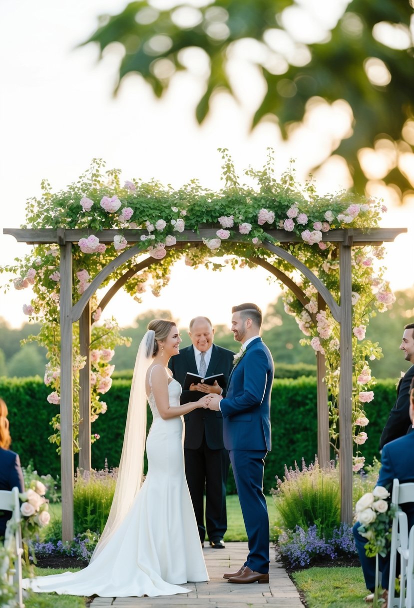 A couple stands beneath a blooming trellis, exchanging vows in a serene garden setting