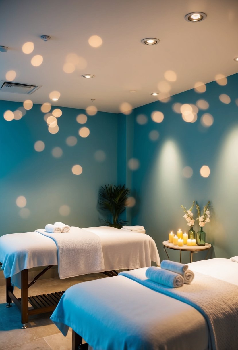 A tranquil spa room with two massage tables, soft lighting, and soothing music. Aromatherapy scents fill the air, creating a peaceful and romantic atmosphere