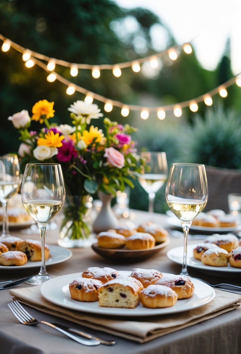 A table adorned with fresh flowers, wine glasses, and Italian pastries. A string of twinkling lights hangs above, creating a warm and inviting atmosphere