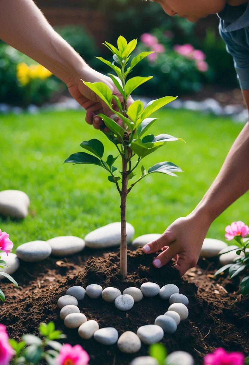 A tree sapling being planted in a garden, surrounded by blooming flowers and a heart-shaped arrangement of stones