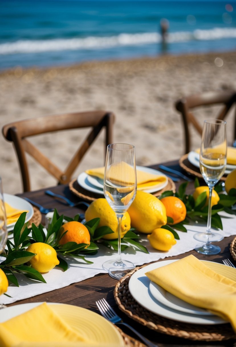 Lemon garlands and citrus centerpieces adorn a seaside table setting