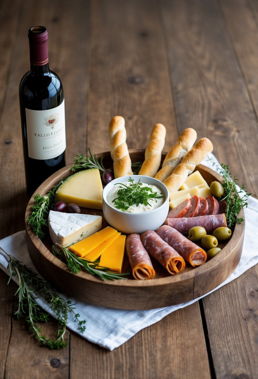 A rustic wooden platter holds a variety of Italian cheeses, meats, olives, and breadsticks, accented with fresh herbs and served with a bottle of red wine