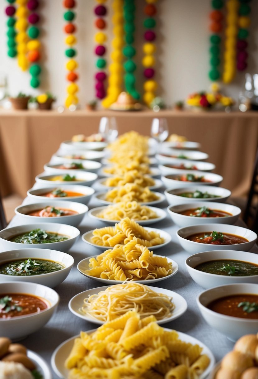 A long table with various pasta shapes and sauce options, surrounded by colorful Italian-themed decorations