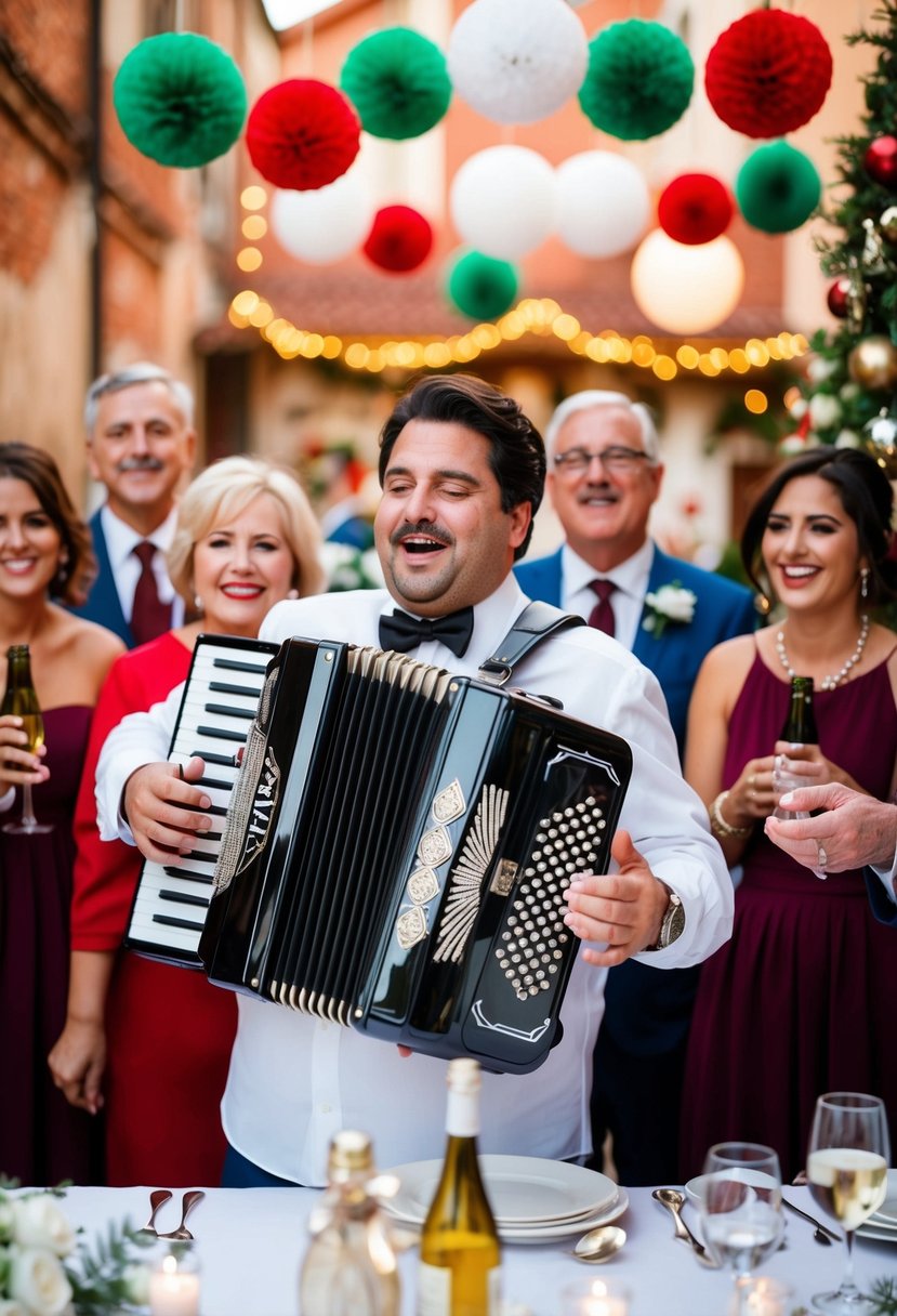 Accordion player performing at an Italian wedding shower, surrounded by festive decorations and happy guests