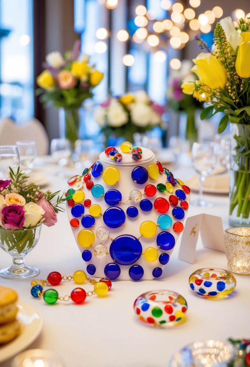 Colorful Murano glass jewelry displayed on a table, surrounded by elegant party favors and Italian wedding shower decorations