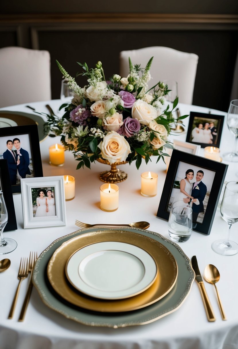 A table set with elegant dinnerware and a bouquet of flowers, surrounded by candles and framed photos of the couple throughout the years