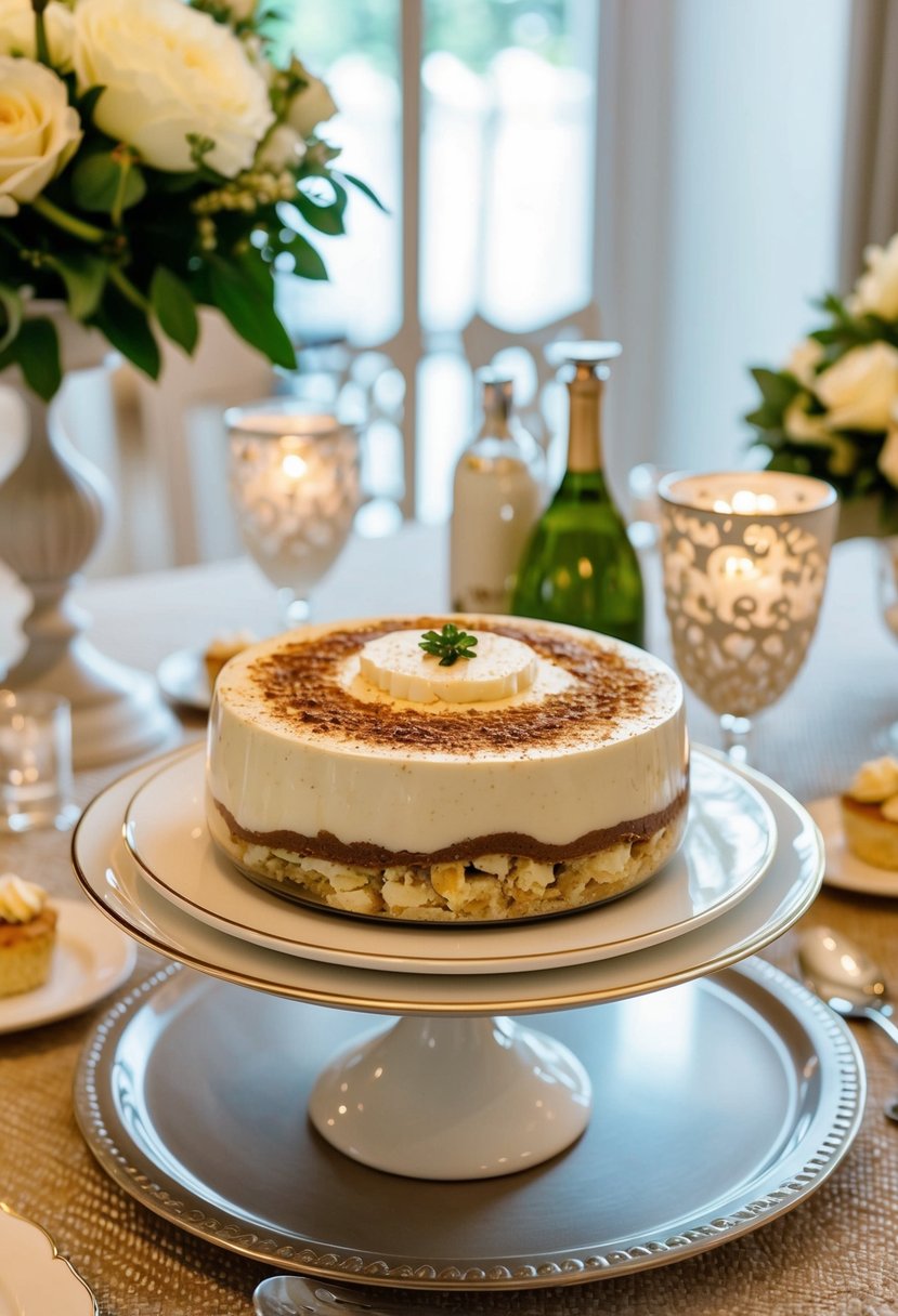 A beautifully plated homemade tiramisu surrounded by elegant Italian wedding shower decor