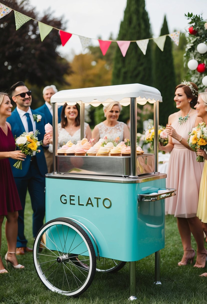 A gelato cart adorned with assorted flavors sits at an Italian wedding shower, surrounded by festive decorations and happy guests