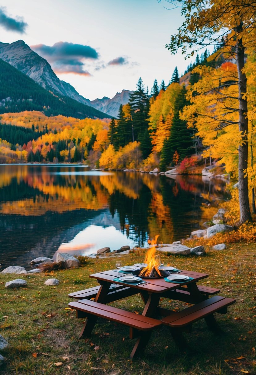 A cozy cabin nestled in the mountains, surrounded by colorful autumn foliage and a tranquil lake, with a picnic table set for two and a crackling fire pit