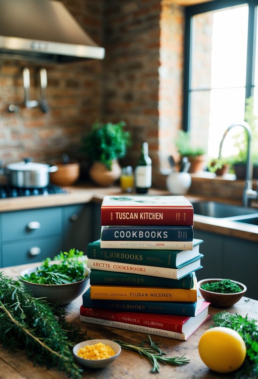 A rustic Tuscan kitchen with a stack of cookbooks, surrounded by fresh herbs and ingredients