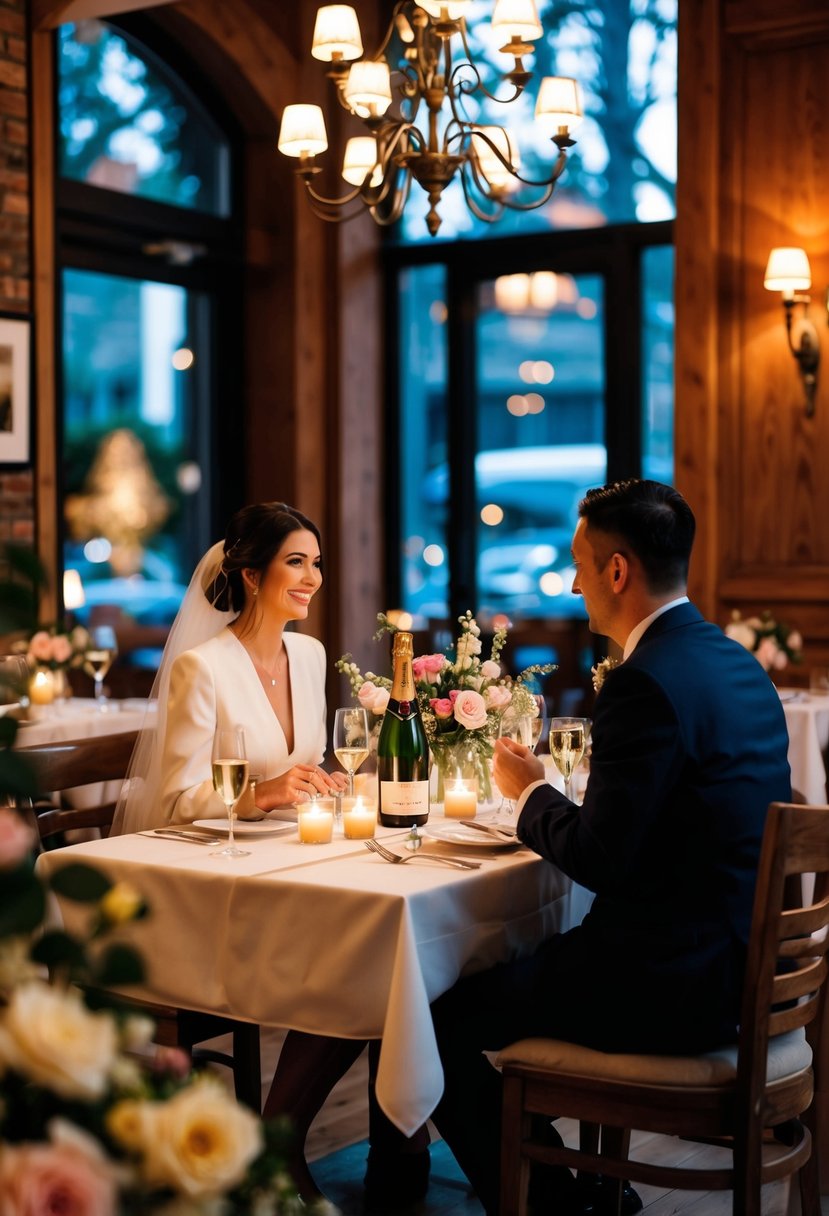 A couple sitting at a candlelit table in a cozy restaurant, surrounded by flowers and a bottle of champagne on their 45th wedding anniversary