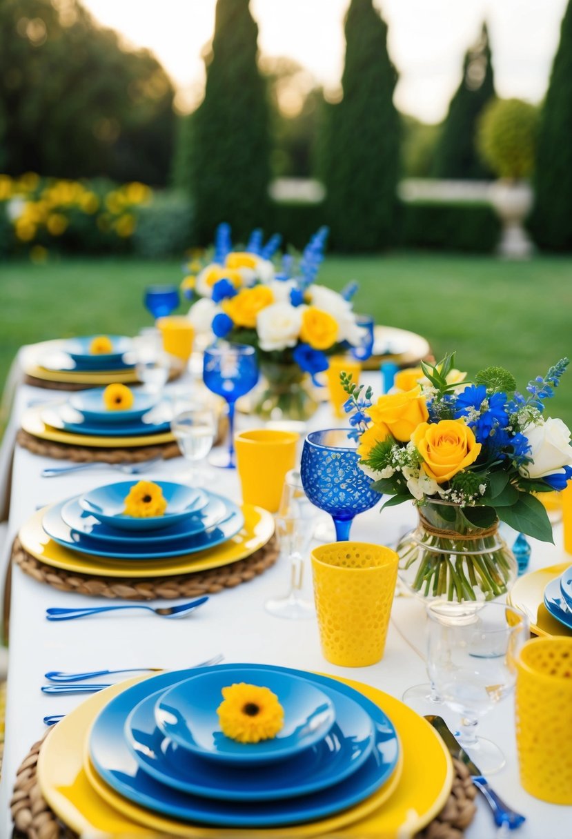 A table set with blue and yellow dishes, flowers, and decor for an Italian wedding shower