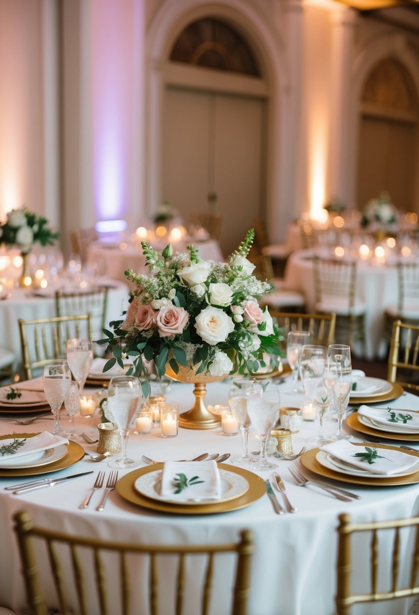 A beautifully decorated table with elegant place settings, floral centerpieces, and fancy dinnerware, all set for a wedding reception