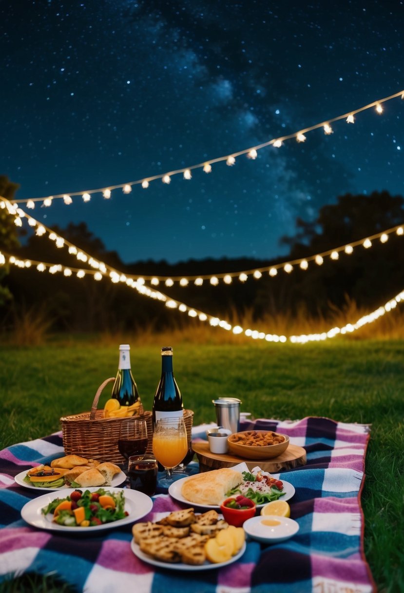 A cozy, starlit picnic under a twinkling night sky, with a spread of delicious food and drinks arranged on a checkered blanket