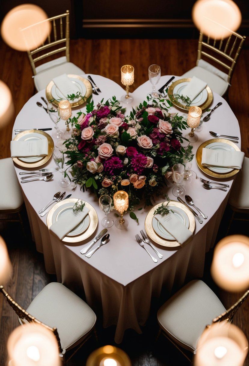 A heart-shaped table adorned with romantic floral arrangements and elegant place settings, surrounded by flickering candlelight