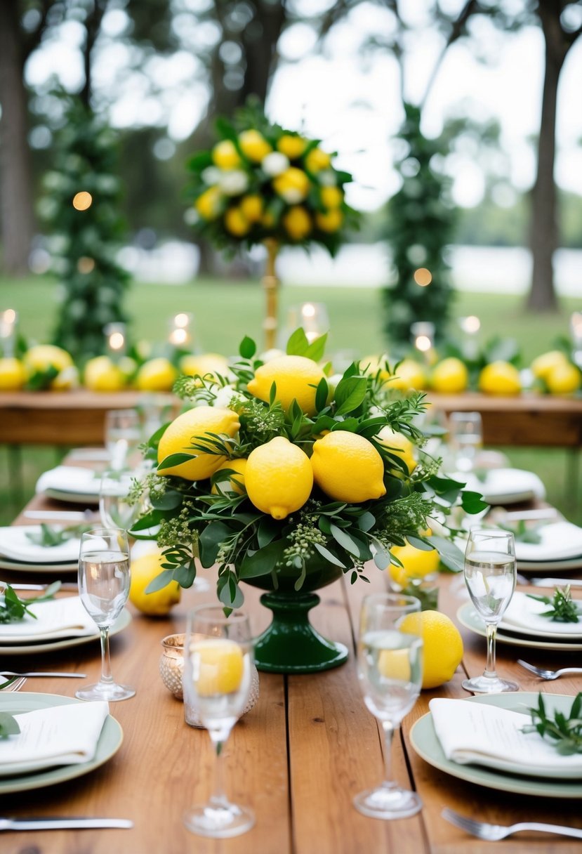 Lemon centerpieces surrounded by fresh greenery adorn the tables at an Italian wedding shower