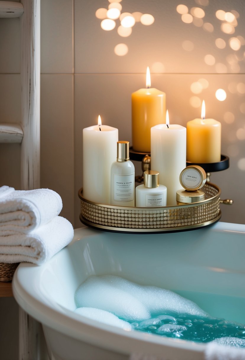 A cozy bathroom with candles, fluffy towels, a bathtub filled with bubbles, and a tray of luxurious skincare products