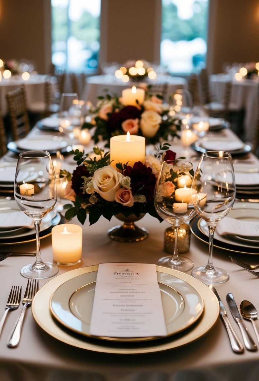 A table set with elegant dinnerware, adorned with floral centerpieces and glowing candles, evoking a romantic ambiance for a wedding menu