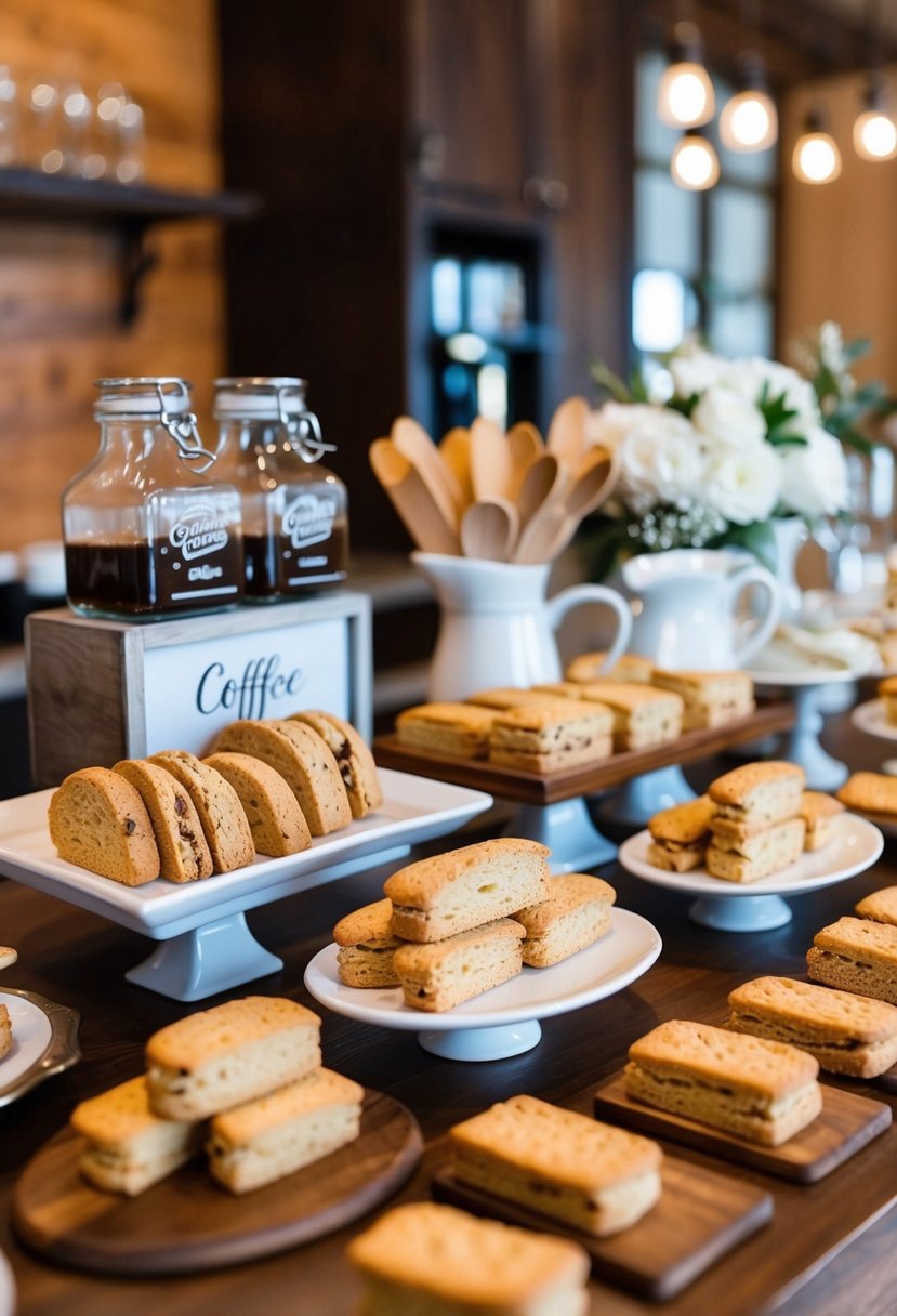 A cozy coffee bar with a display of Italian biscotti and decorations for an Italian wedding shower