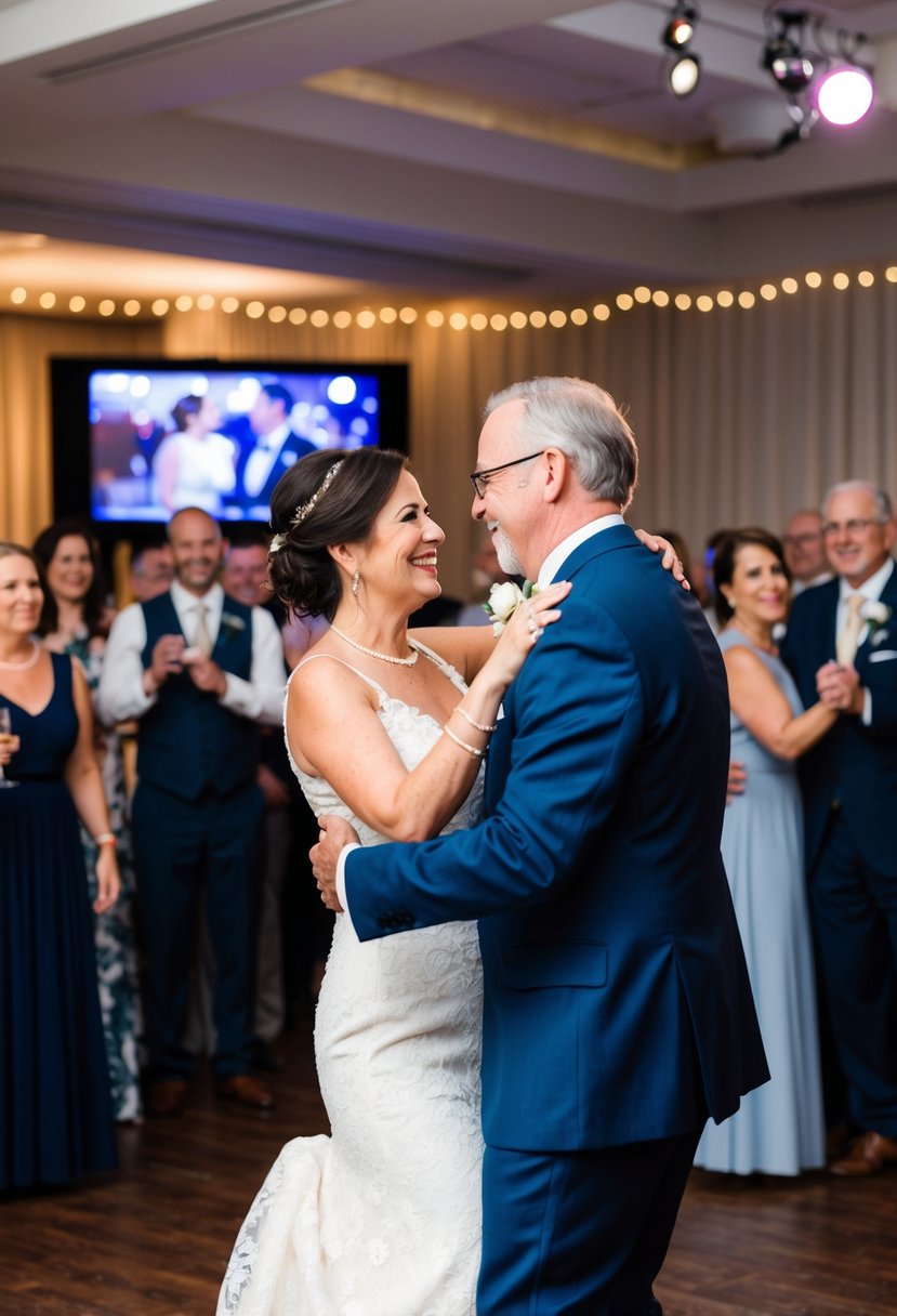 A couple dancing together at their 45th anniversary celebration, surrounded by friends and family, with a wedding video playing in the background