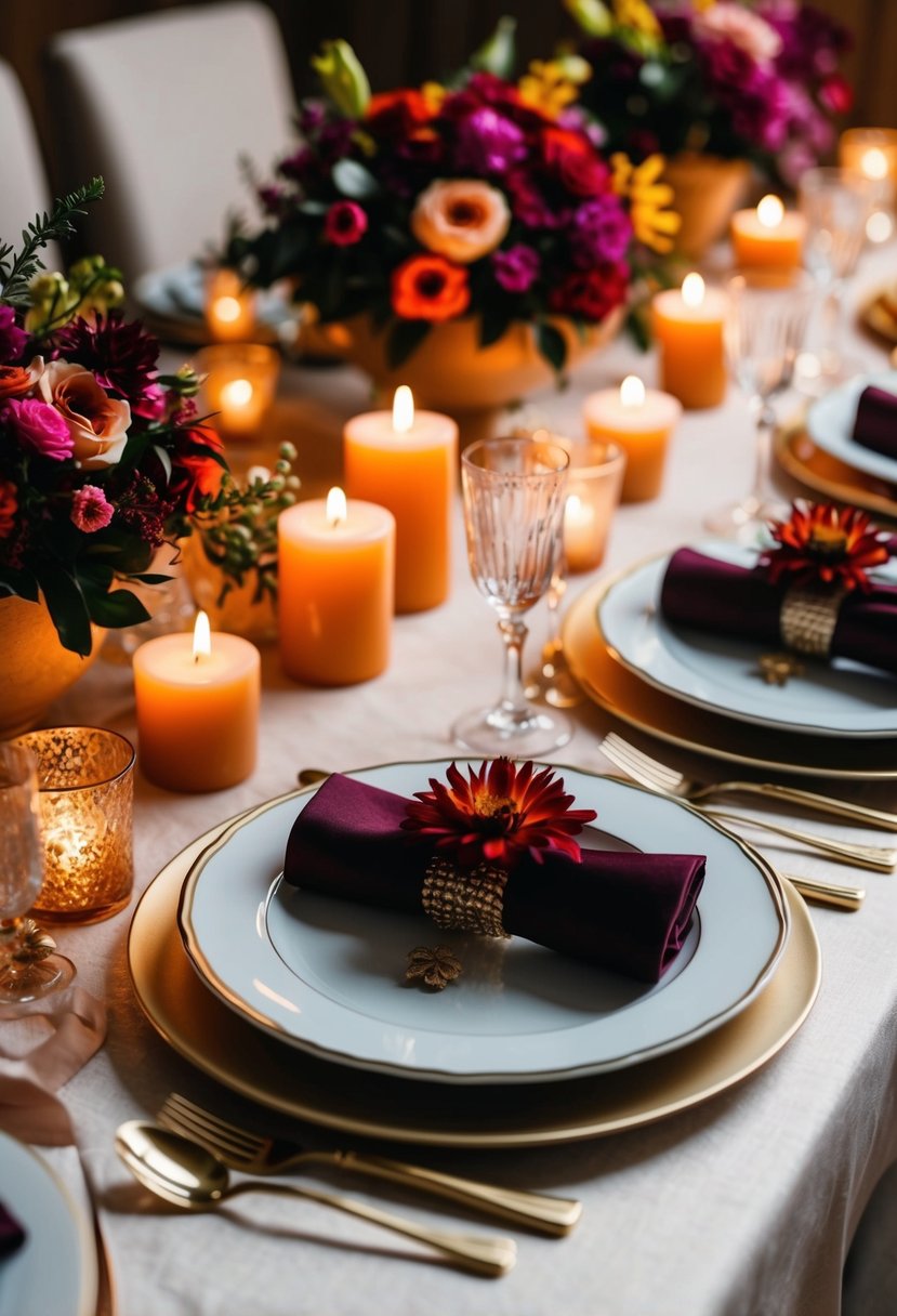 A table set with elegant dinnerware, surrounded by flickering candles and vibrant floral arrangements, evoking a romantic and spicy ambiance