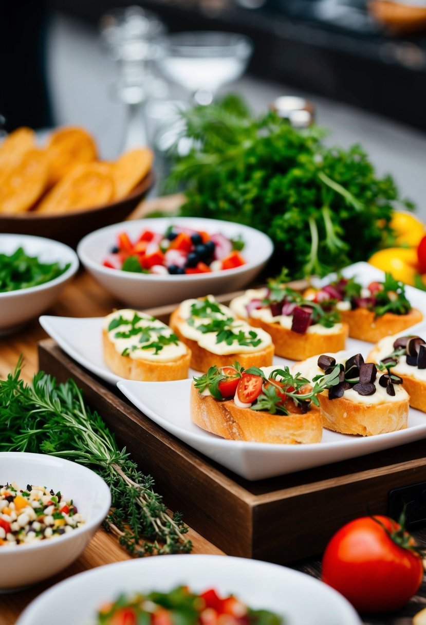 A rustic bruschetta station with bowls of various toppings, surrounded by fresh herbs and colorful ingredients