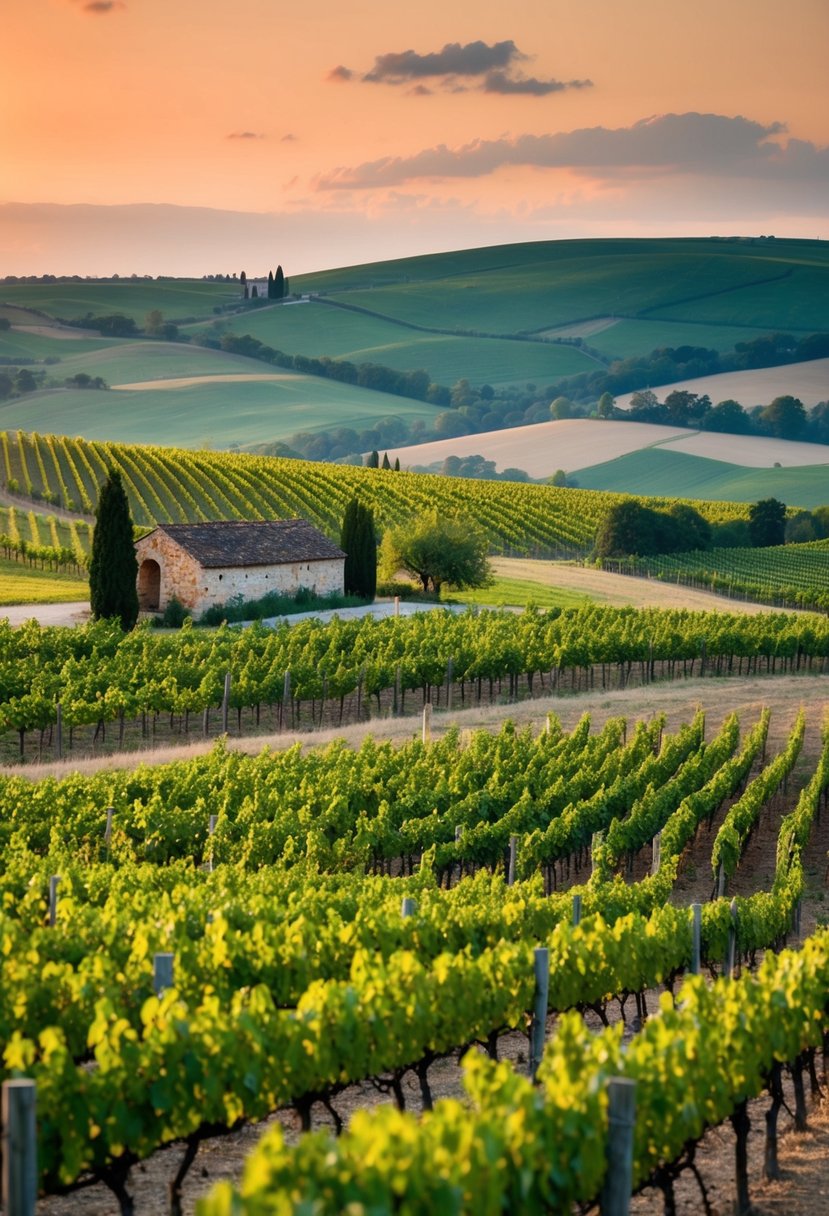 A picturesque vineyard with rows of grapevines and a rustic cheese cellar nestled in the rolling hills of the countryside