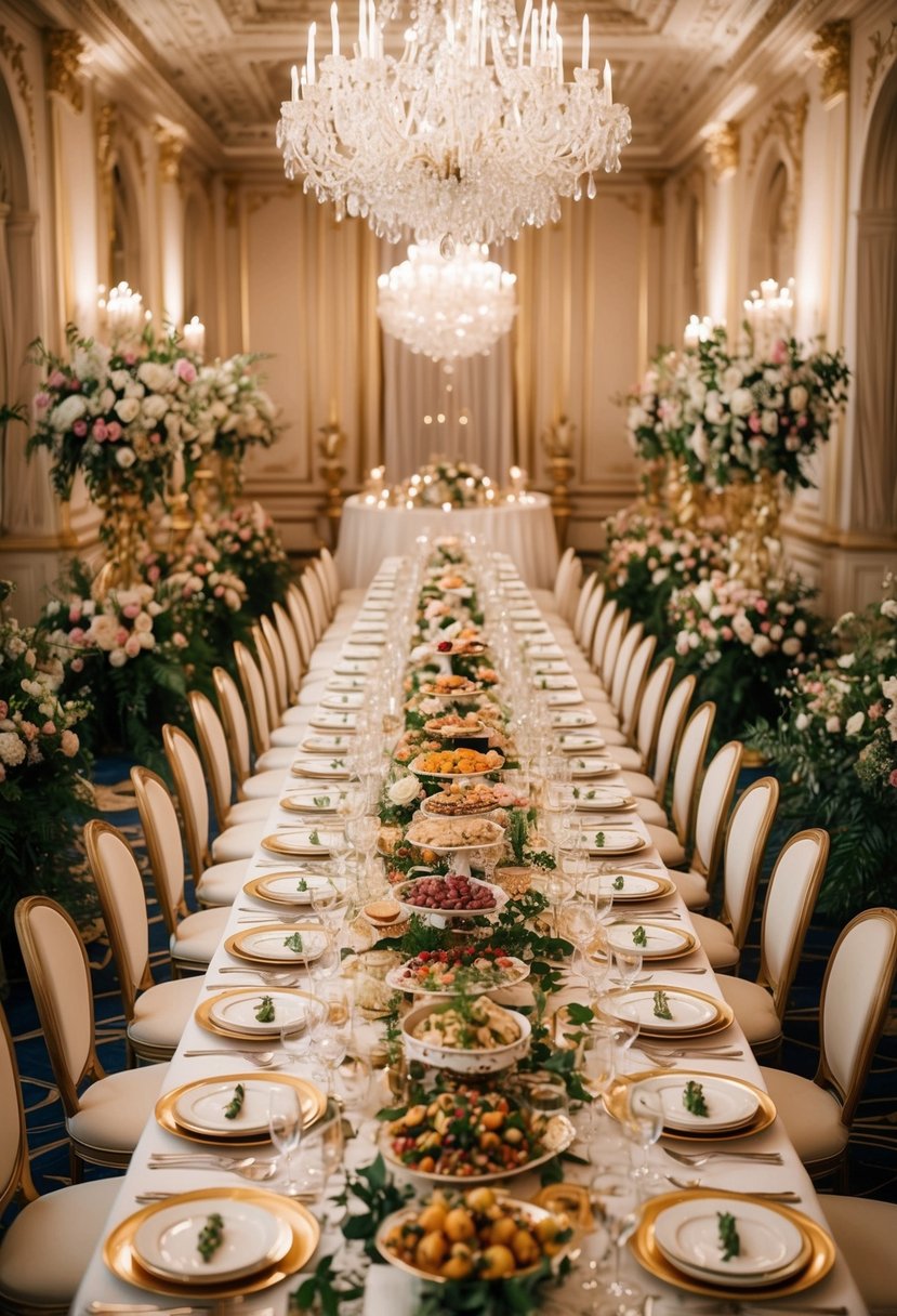 A lavish banquet table adorned with elegant place settings, overflowing with sumptuous dishes and surrounded by opulent floral arrangements