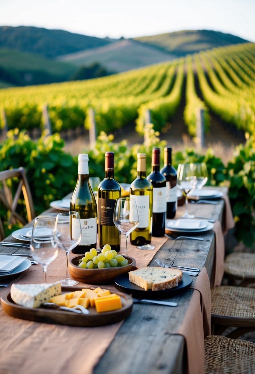 A rustic table adorned with assorted wine bottles, glasses, and cheese platters, set against a backdrop of vineyards and rolling hills