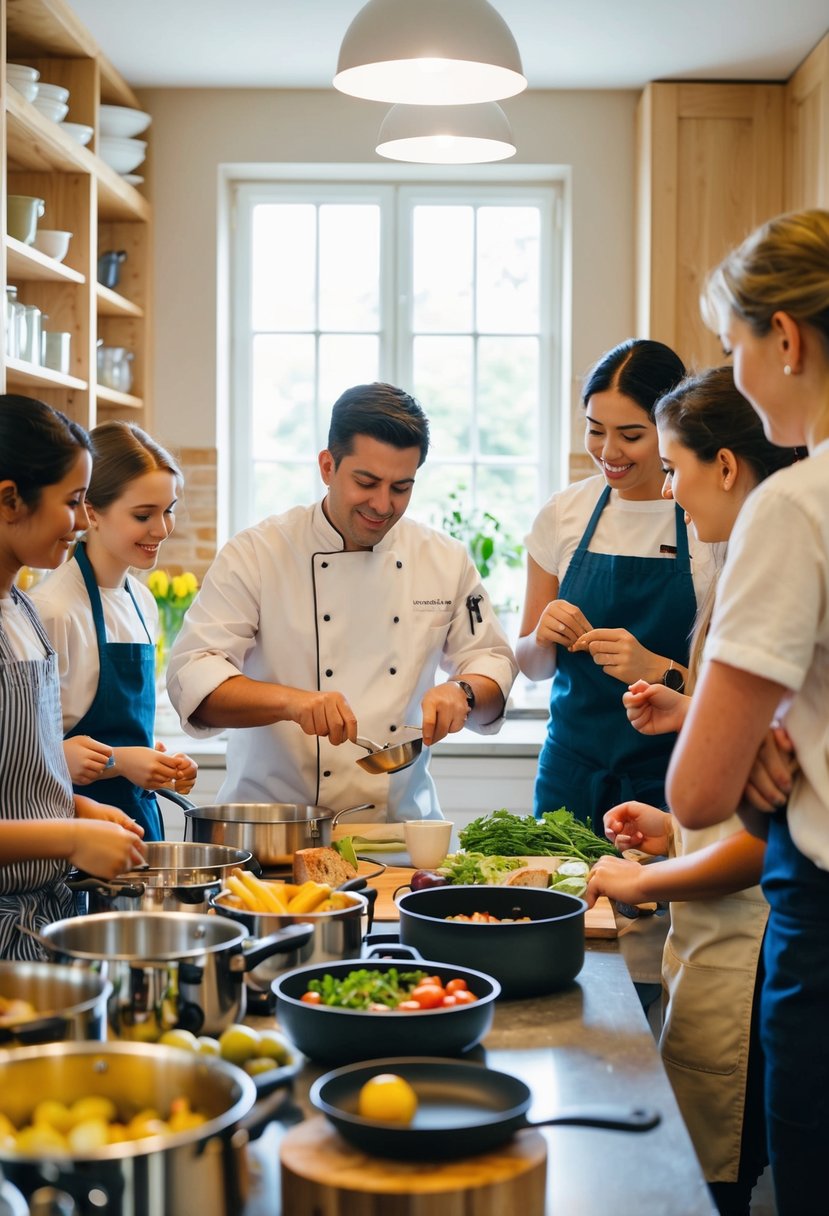 A cozy kitchen filled with pots, pans, and fresh ingredients. A chef demonstrates a recipe to a small group of eager students