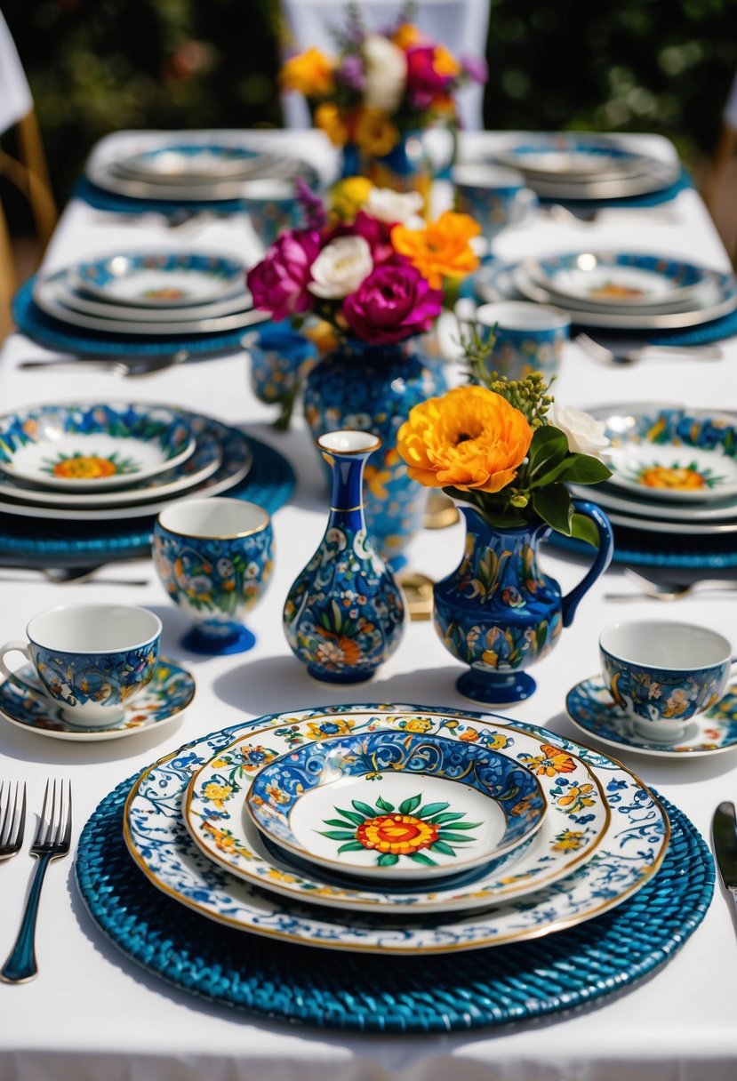 A table set with hand-painted Italian ceramic plates, cups, and vases, adorned with intricate designs and vibrant colors, perfect for an Italian wedding shower