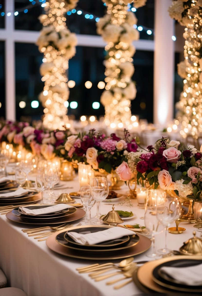 A lavish banquet table adorned with decadent dishes and elegant place settings, surrounded by twinkling lights and romantic floral arrangements