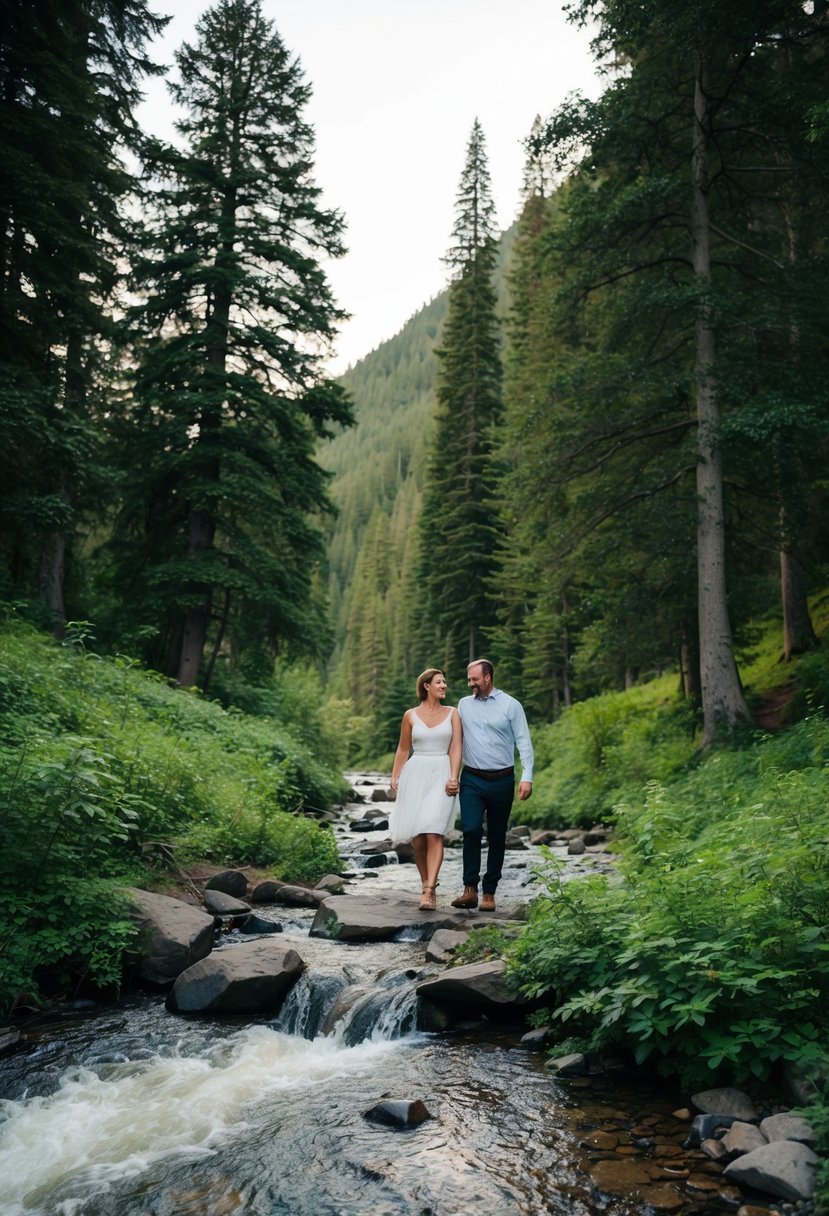 A couple hikes through a lush forest, crossing a bubbling stream and passing by towering trees on their 45th wedding anniversary