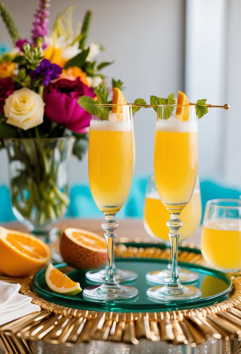 A vibrant bellini cocktail bar at an Italian wedding shower with elegant glassware and fresh fruit garnishes