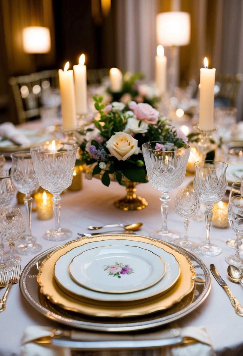 A lavish table adorned with fine china, crystal glassware, and ornate silverware. Delicate floral centerpieces and flickering candlelight add an air of sophistication