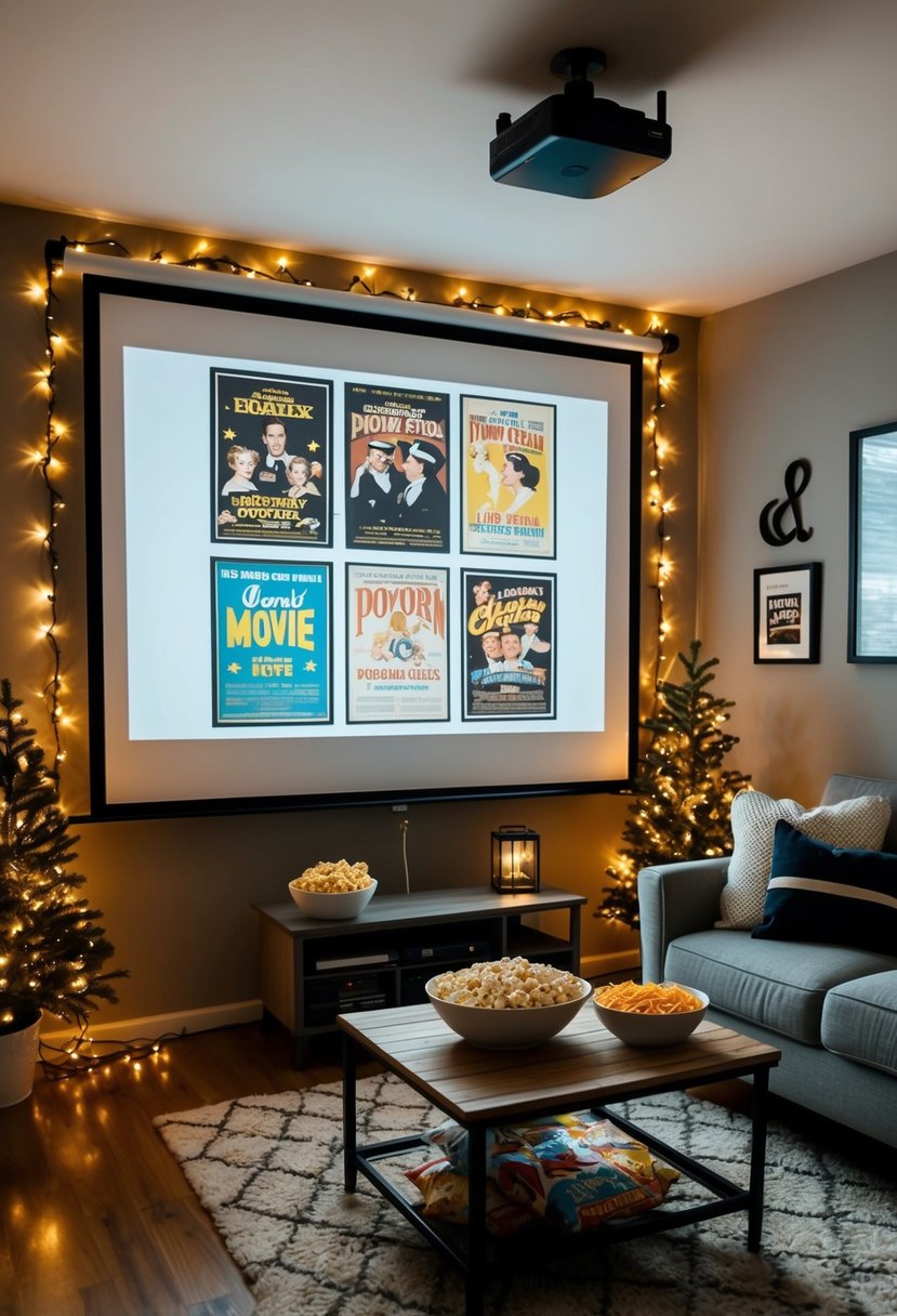 A cozy living room with a projector screen showing classic movie posters, surrounded by twinkling string lights and a table filled with popcorn and snacks