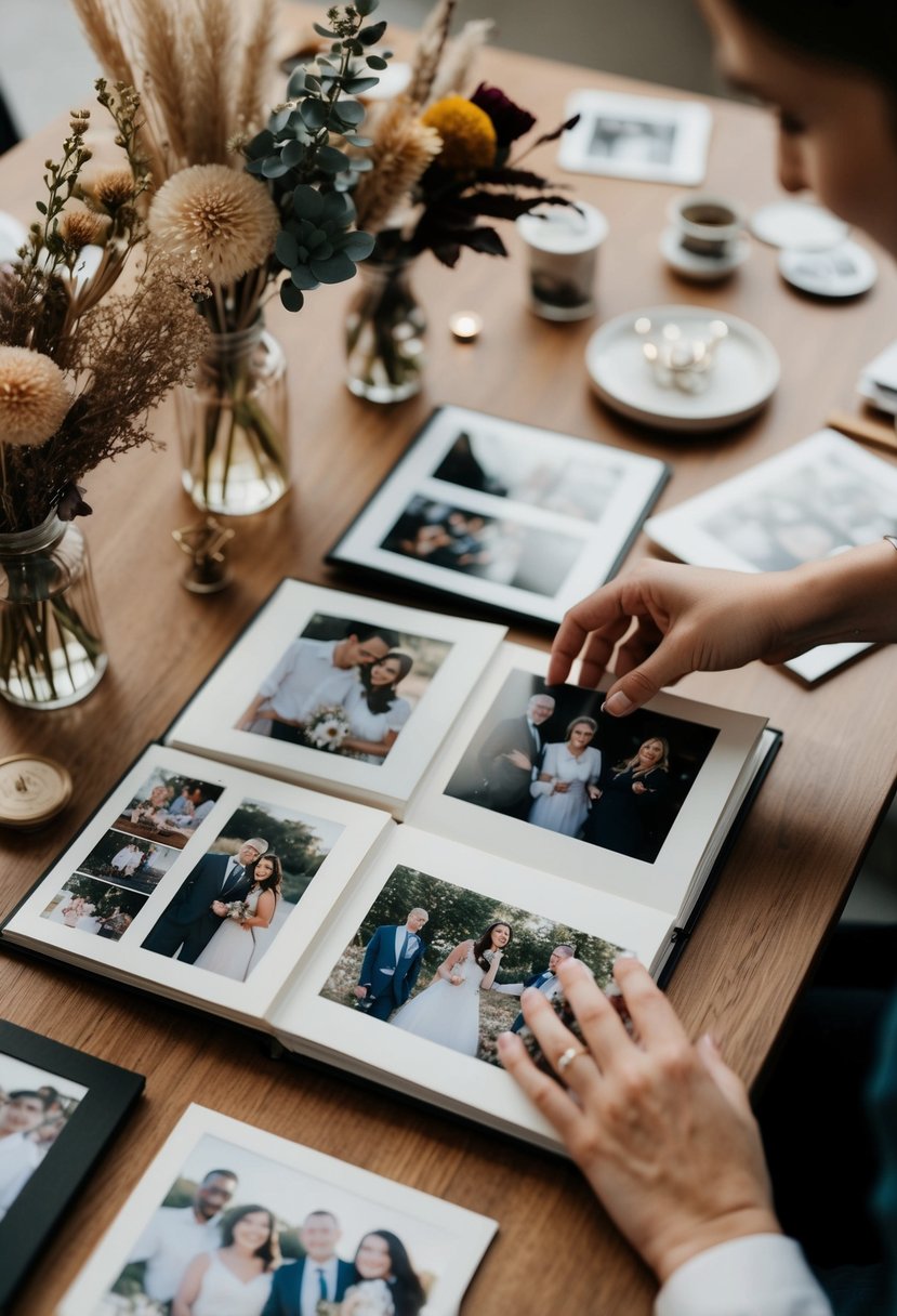 A table adorned with photos, dried flowers, and mementos. A pair of hands carefully arranging pages in a handmade memory book