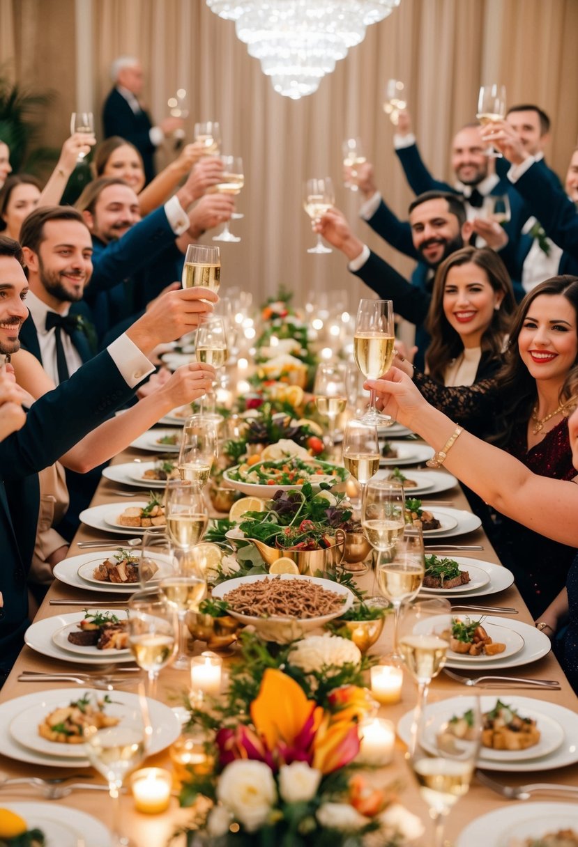 A festive banquet table adorned with elegant place settings and a variety of delectable dishes, surrounded by joyful guests raising their glasses in celebration